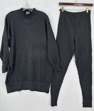 Vintage Cyclone Black Silver Metallic Knit Cotton Sweater Pant Set One Size